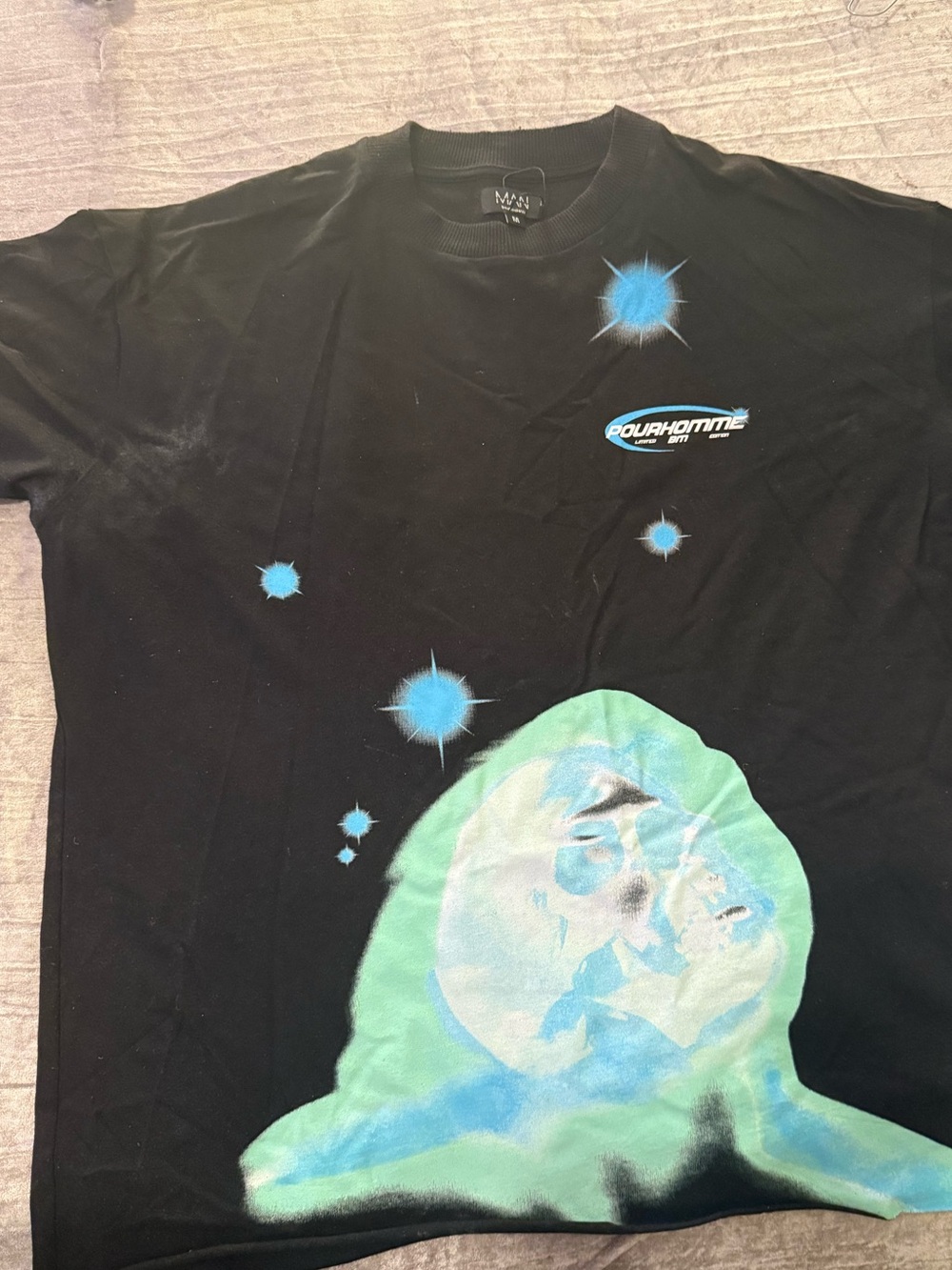 Boohoo Mens Black Tee with Blue-Green Cosmic Print